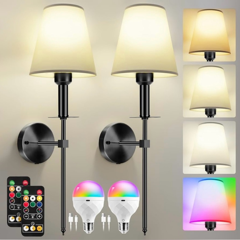 NEW Battery Operated Set of 2 Wireless Wall Sconces with Remote Control
